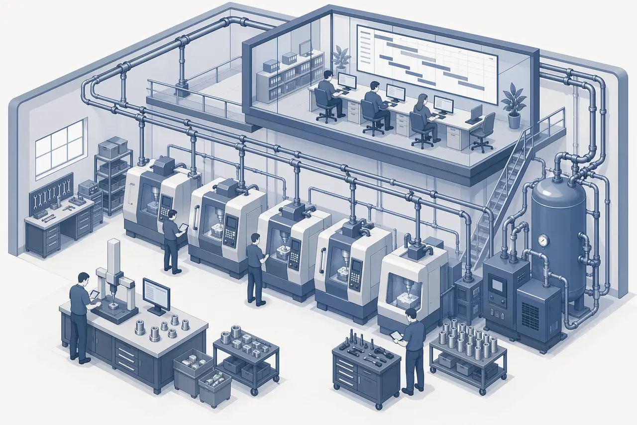 Vue isométrique d'un atelier d'usinage : une ligne de machines CNC au centre, un poste de mesure tridimensionnelle en bas à gauche avec un opérateur, un compresseur et une cuve bleue à droite, et la mezzanine vitrée du bureau planning en haut avec un écran Gantt mural — le tout relié par un réseau de canalisations qui font remonter l'information de l'atelier vers le bureau.